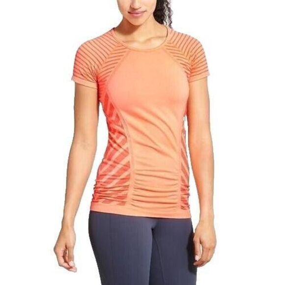 Athleta Jet Stripe Fastest Track Seamless Tee Size xs Orange - Picture 1 of 5